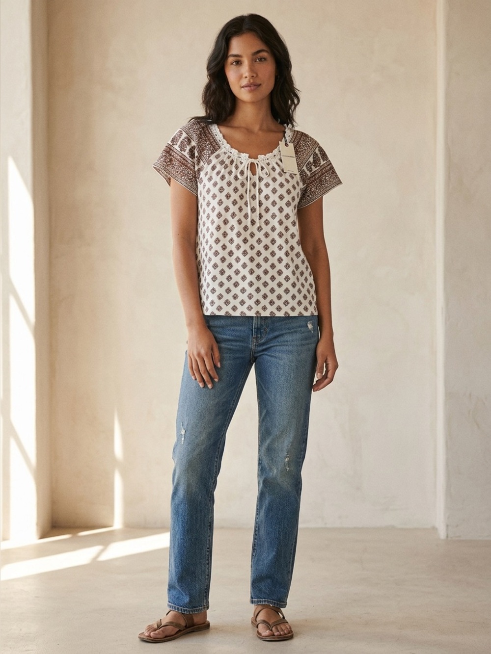 NWT Lucky Brand Boho Printed Peasant Short Sleeve Top White Brown Sz M Cotton